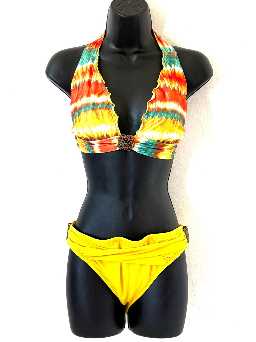 BECCA  Medallion Embellished Multicolor Halter Bikini Top /Solid Yellow Bottom
